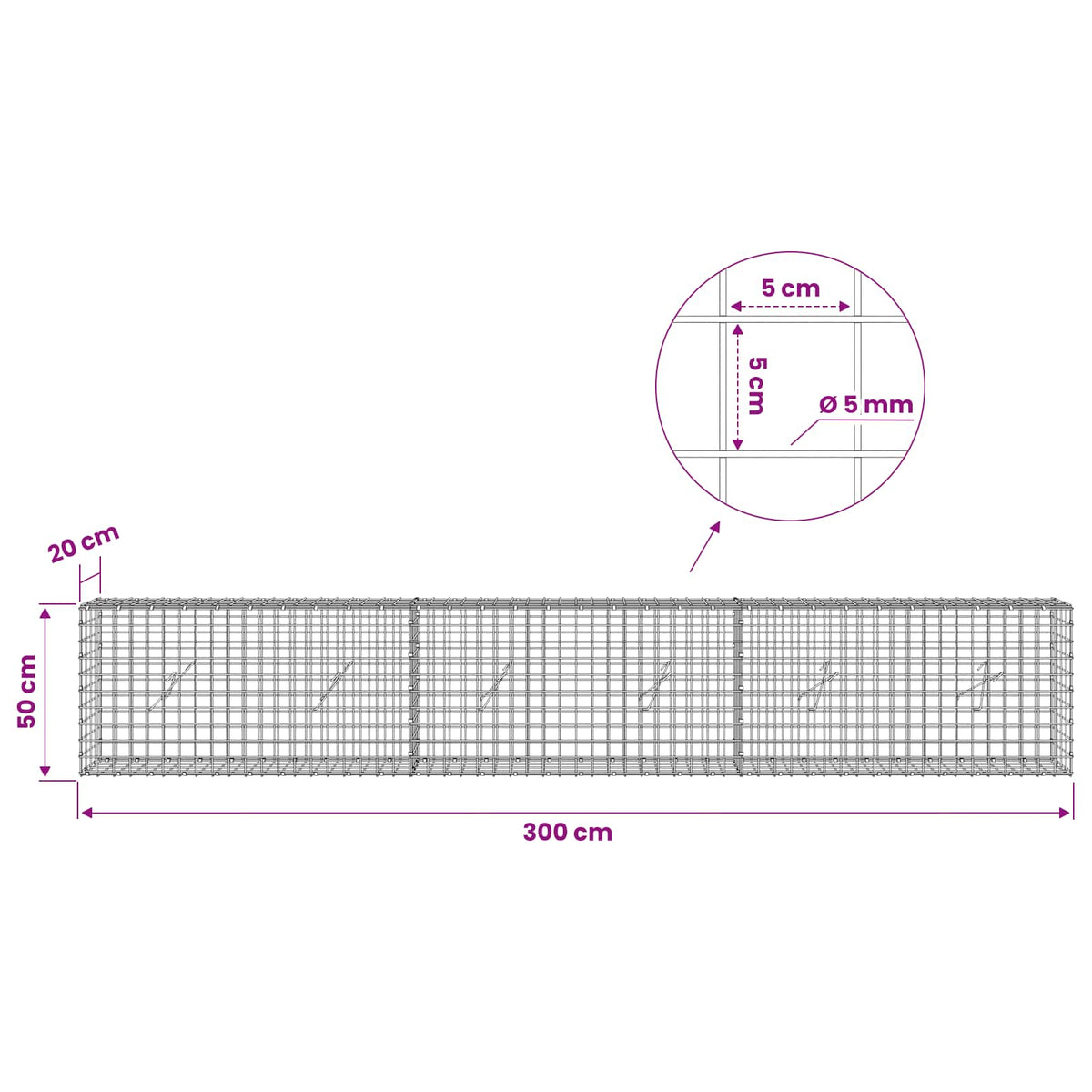 Γκαμπιόν με σύρμα 5 mm και πλέγμα 5x5 cm 300x20x50 εκ - Pakobazaar