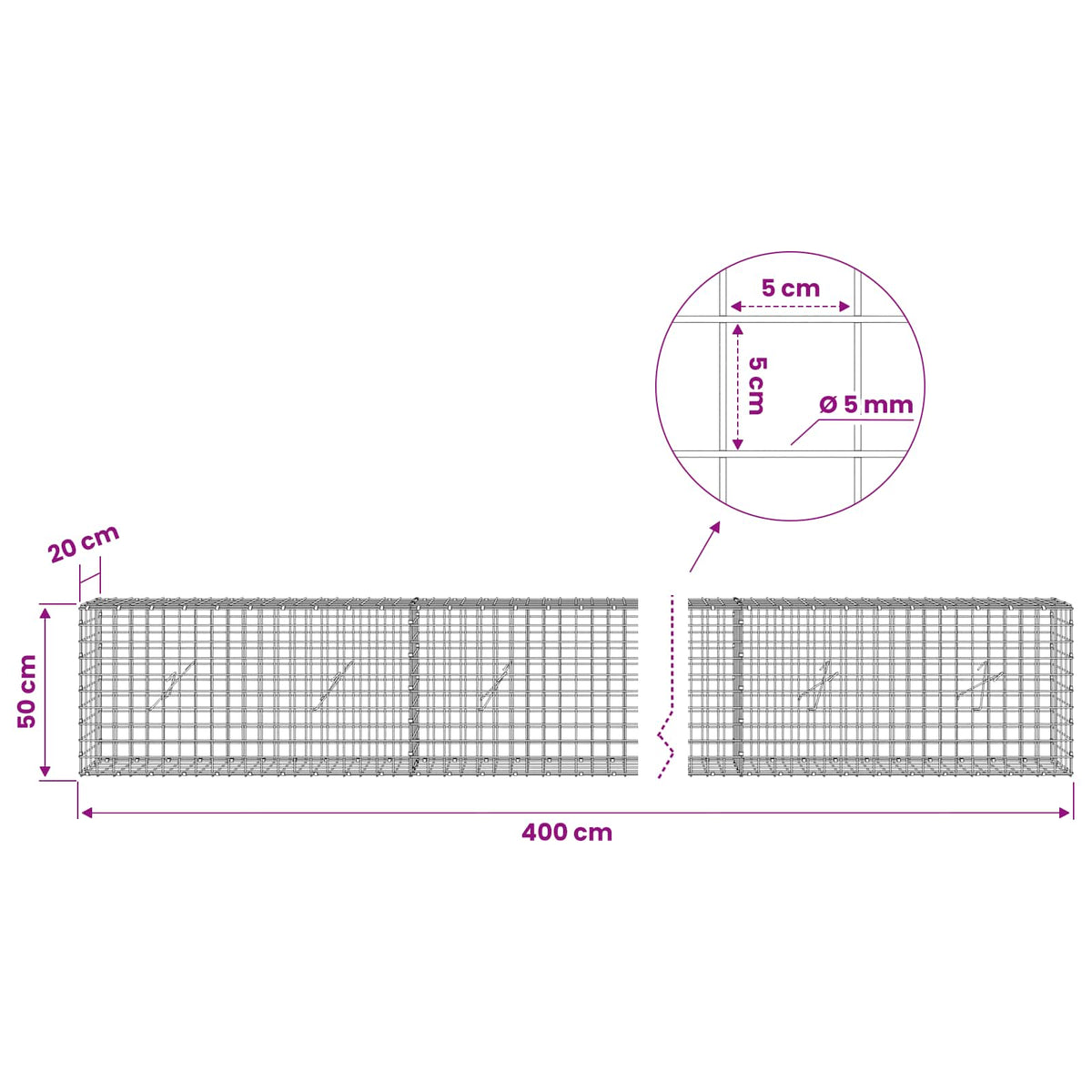 Γκαμπιόν με σύρμα 5 mm και πλέγμα 5x5 cm 400x20x50 εκ