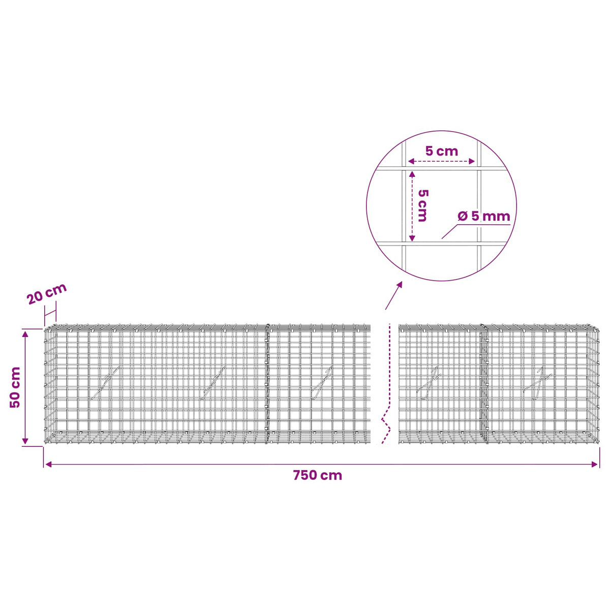 Γκαμπιόν με σύρμα 5 mm και πλέγμα 5x5 cm 750x20x50 εκ - Pakobazaar