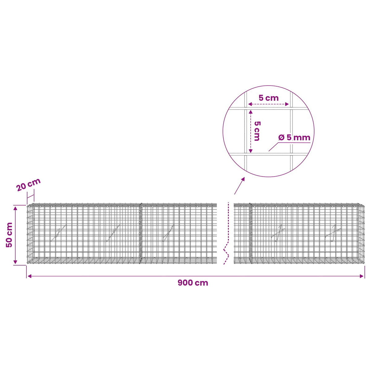 Γκαμπιόν με σύρμα 5 mm και πλέγμα 5x5 cm 900x20x50 εκ - Pakobazaar