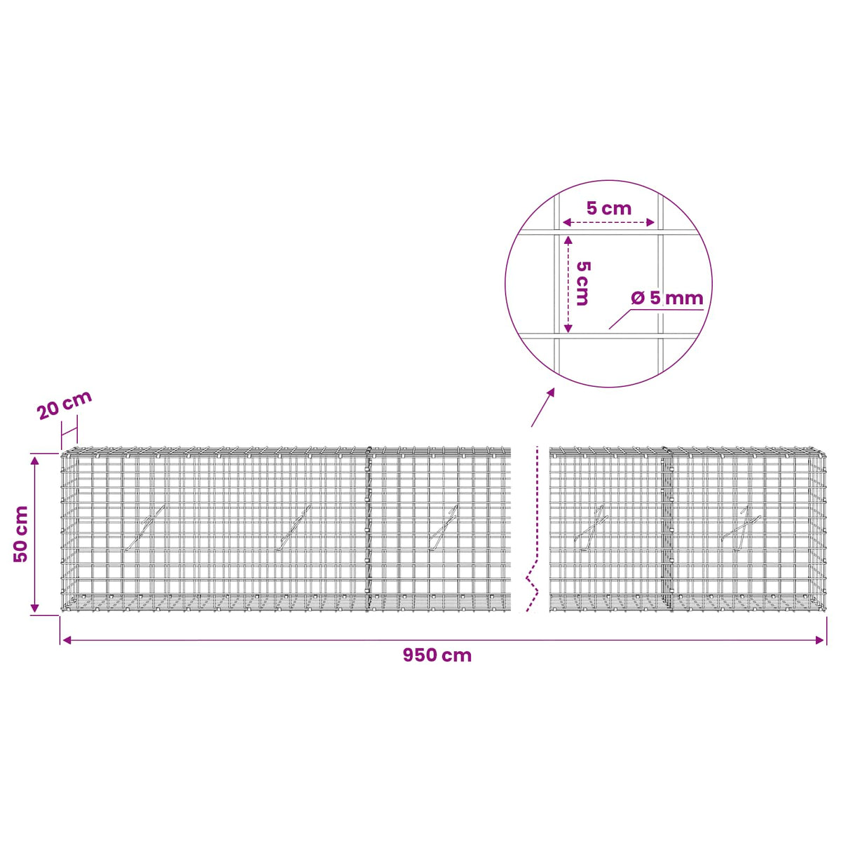 Γκαμπιόν με σύρμα 5 mm και πλέγμα 5x5 cm 950x20x50 εκ - Pakobazaar