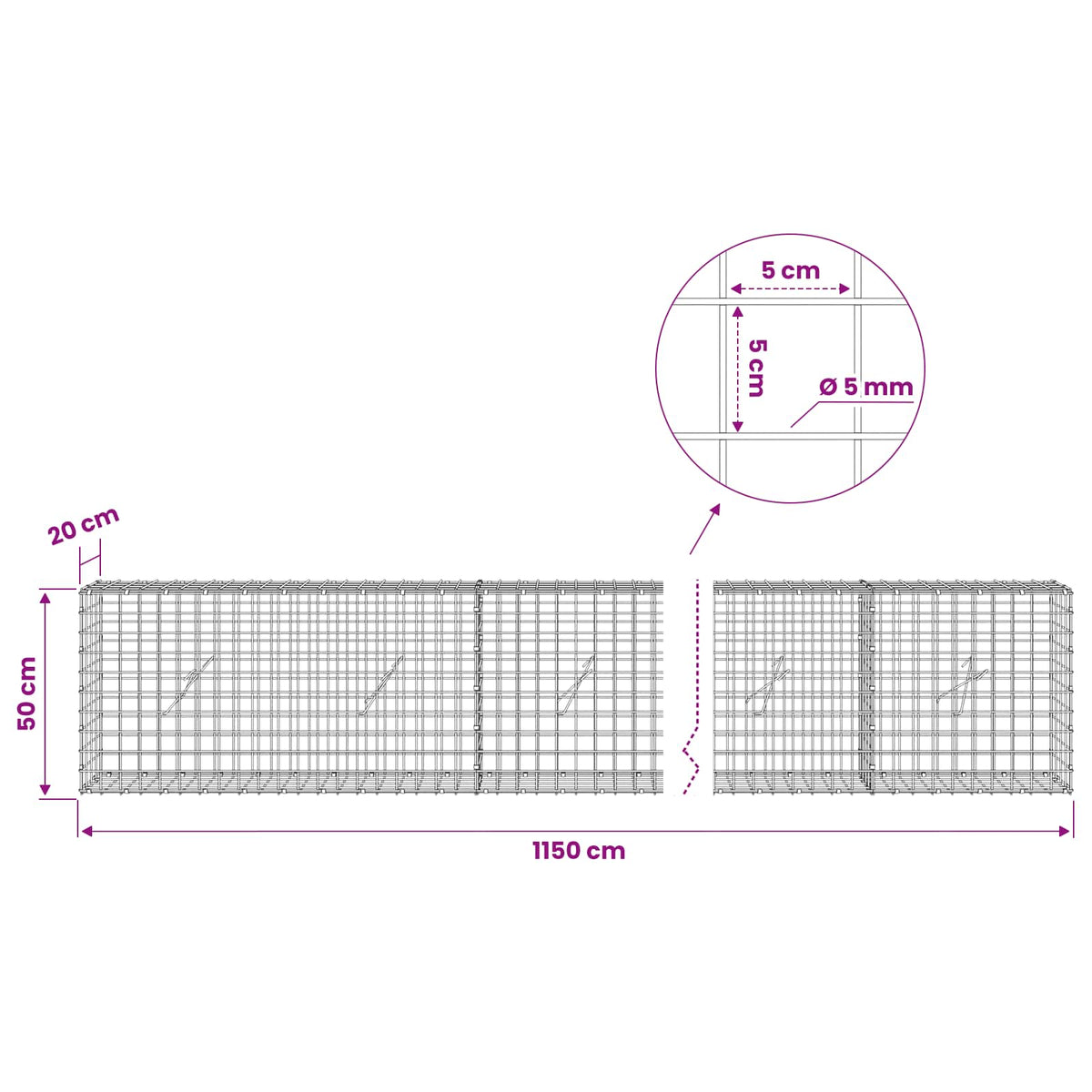 Γκαμπιόν με σύρμα 5 mm και πλέγμα 5x5 cm 1150x20x50 εκ