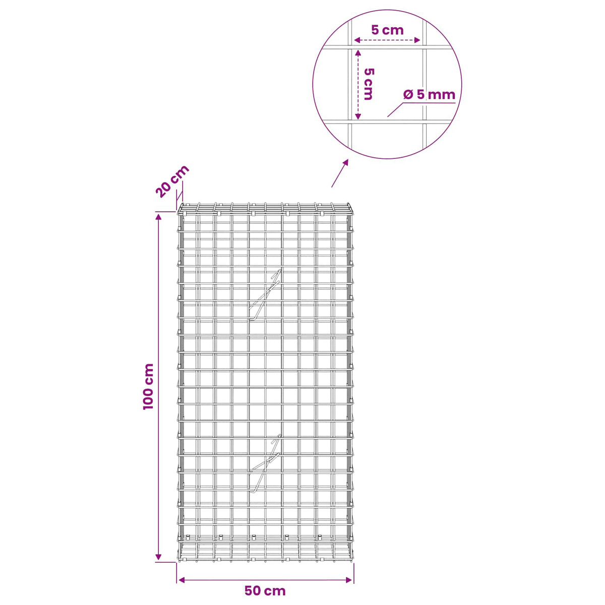 Γκαμπιόν με σύρμα 5 mm και πλέγμα 5x5 cm 50x20x100 εκ - Pakobazaar