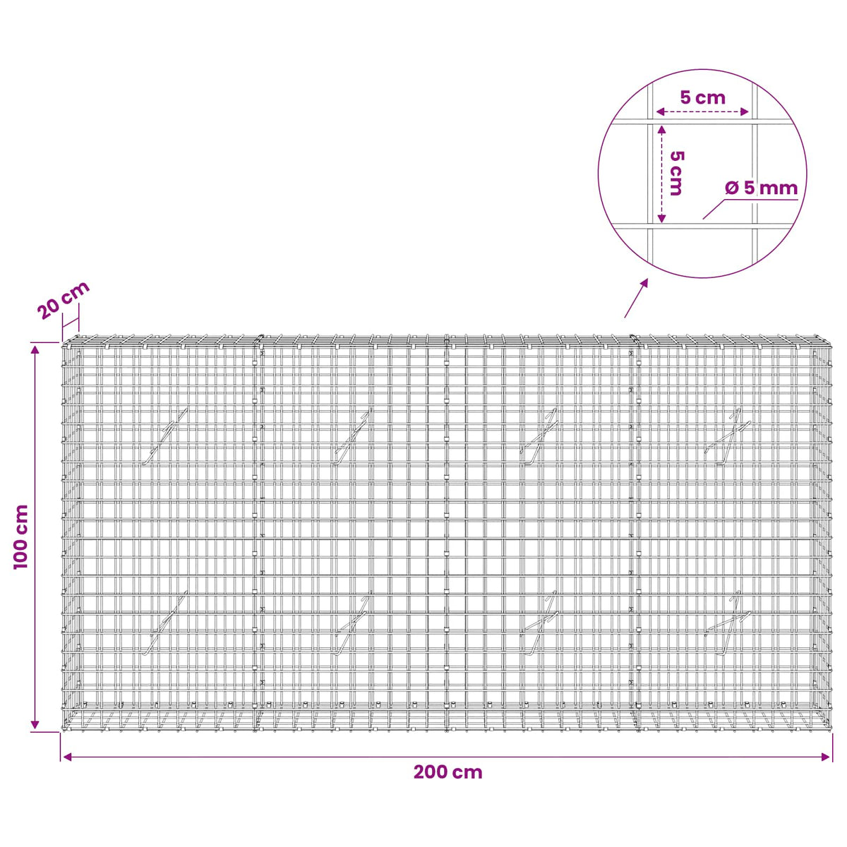 Γκαμπιόν με σύρμα 5 mm και πλέγμα 5x5 cm 200x20x100 εκ
