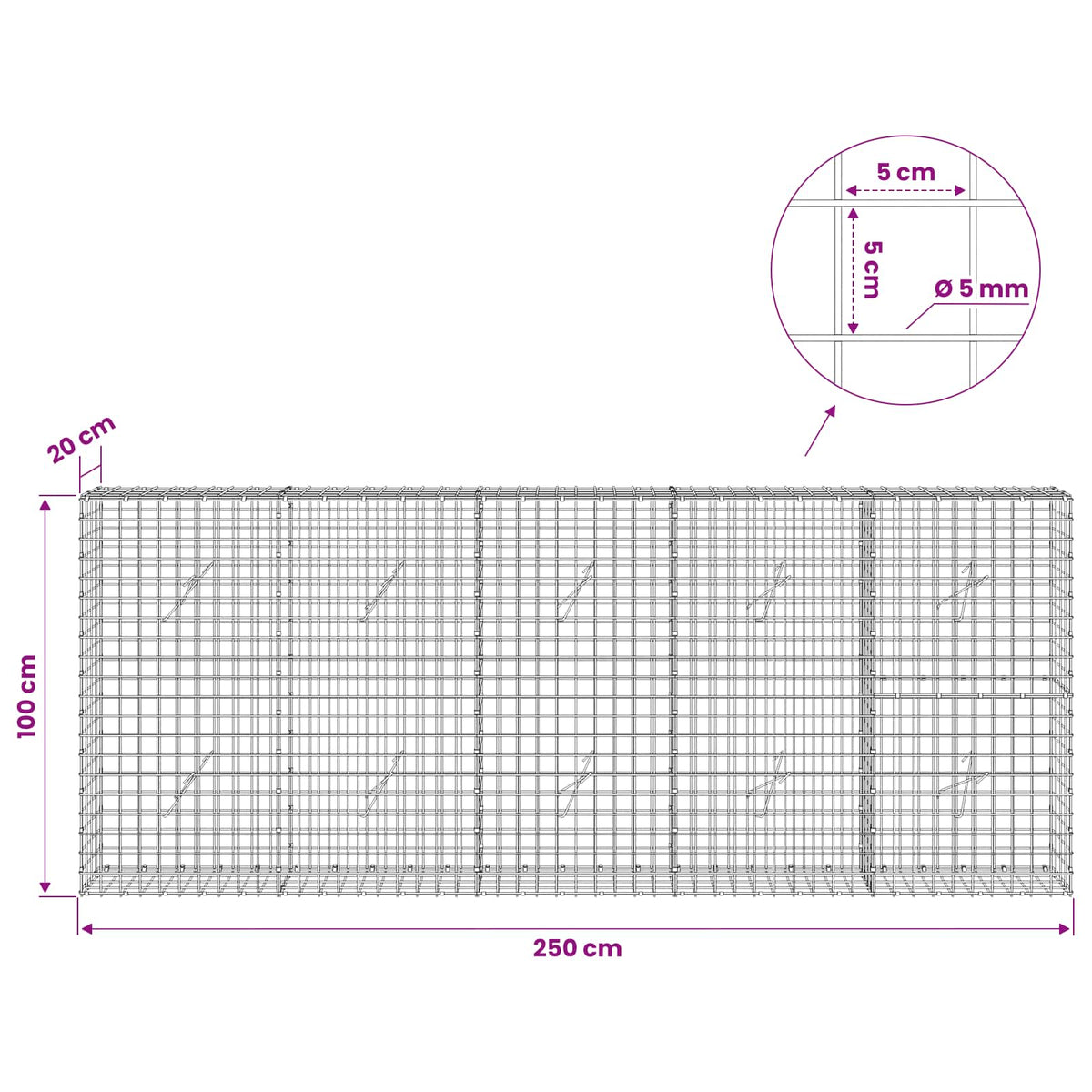 Γκαμπιόν με σύρμα 5 mm και πλέγμα 5x5 cm 250x20x100 εκ