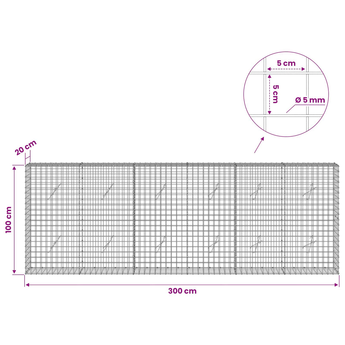 Γκαμπιόν με σύρμα 5 mm και πλέγμα 5x5 cm 300x20x100 εκ
