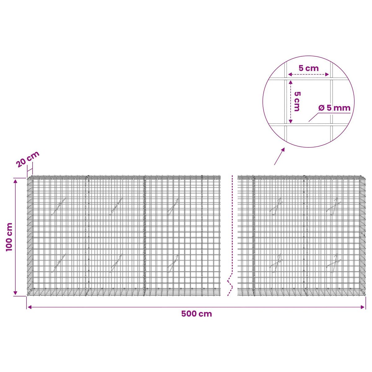 Γκαμπιόν με σύρμα 5 mm και πλέγμα 5x5 cm 500x20x100 εκ - Pakobazaar