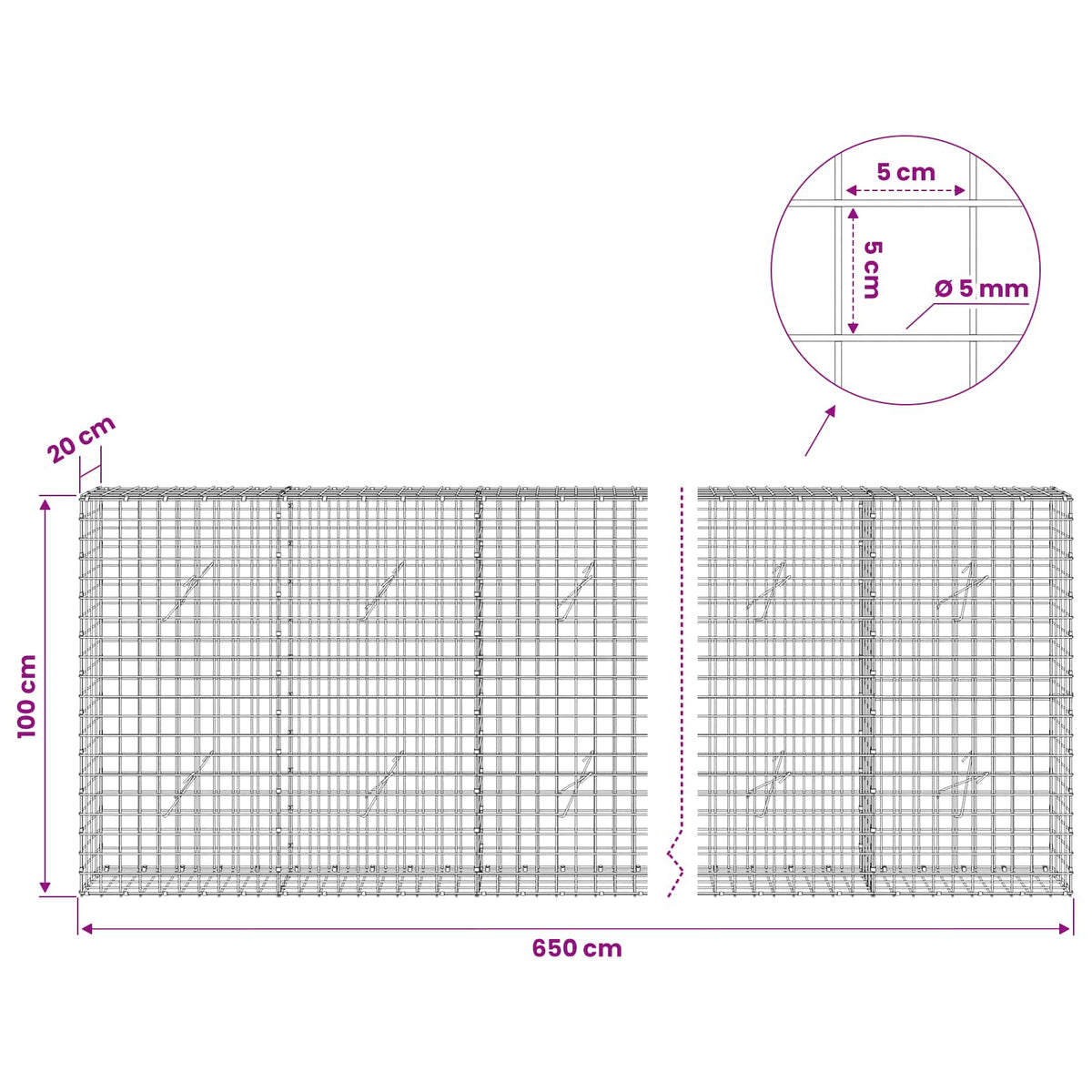 Γκαμπιόν με σύρμα 5 mm και πλέγμα 5x5 cm 650x20x100 εκ - Pakobazaar