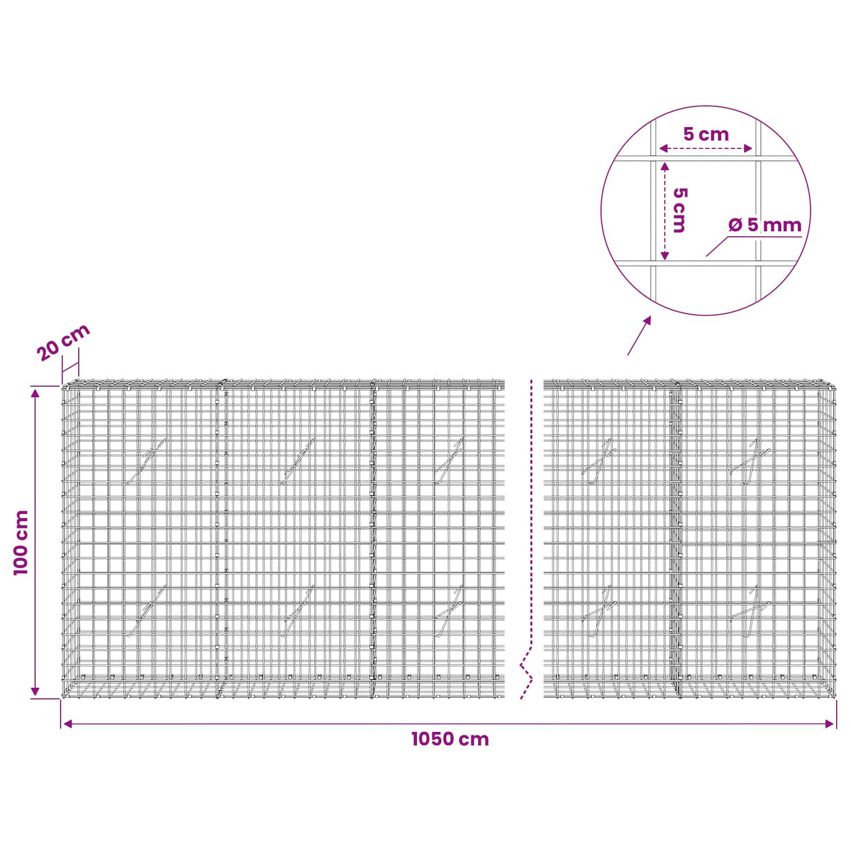 Γκαμπιόν με σύρμα 5 mm και πλέγμα 5x5 cm 1050x20x100 εκ