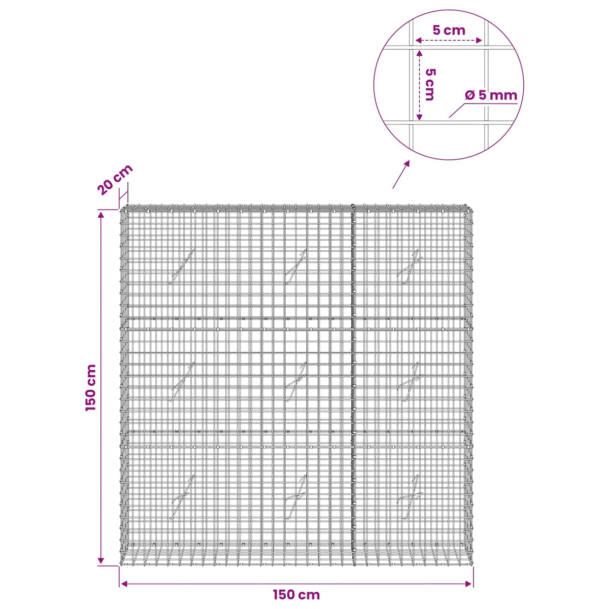 Γκαμπιόν με σύρμα 5 mm και πλέγμα 5x5 cm 150x20x150 εκ