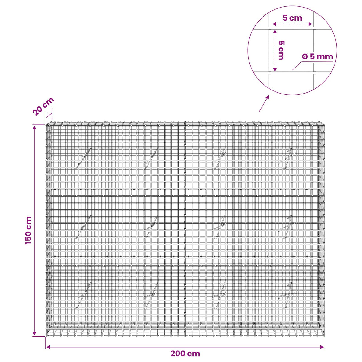 Γκαμπιόν με σύρμα 5 mm και πλέγμα 5x5 cm 200x20x150 εκ