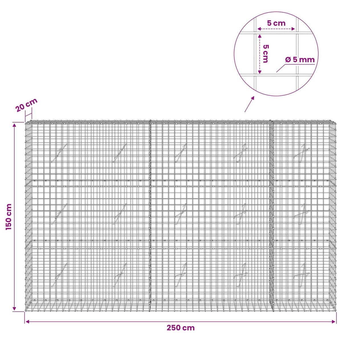 Γκαμπιόν με σύρμα 5 mm και πλέγμα 5x5 cm 250x20x150 εκ. - Pakobazaar