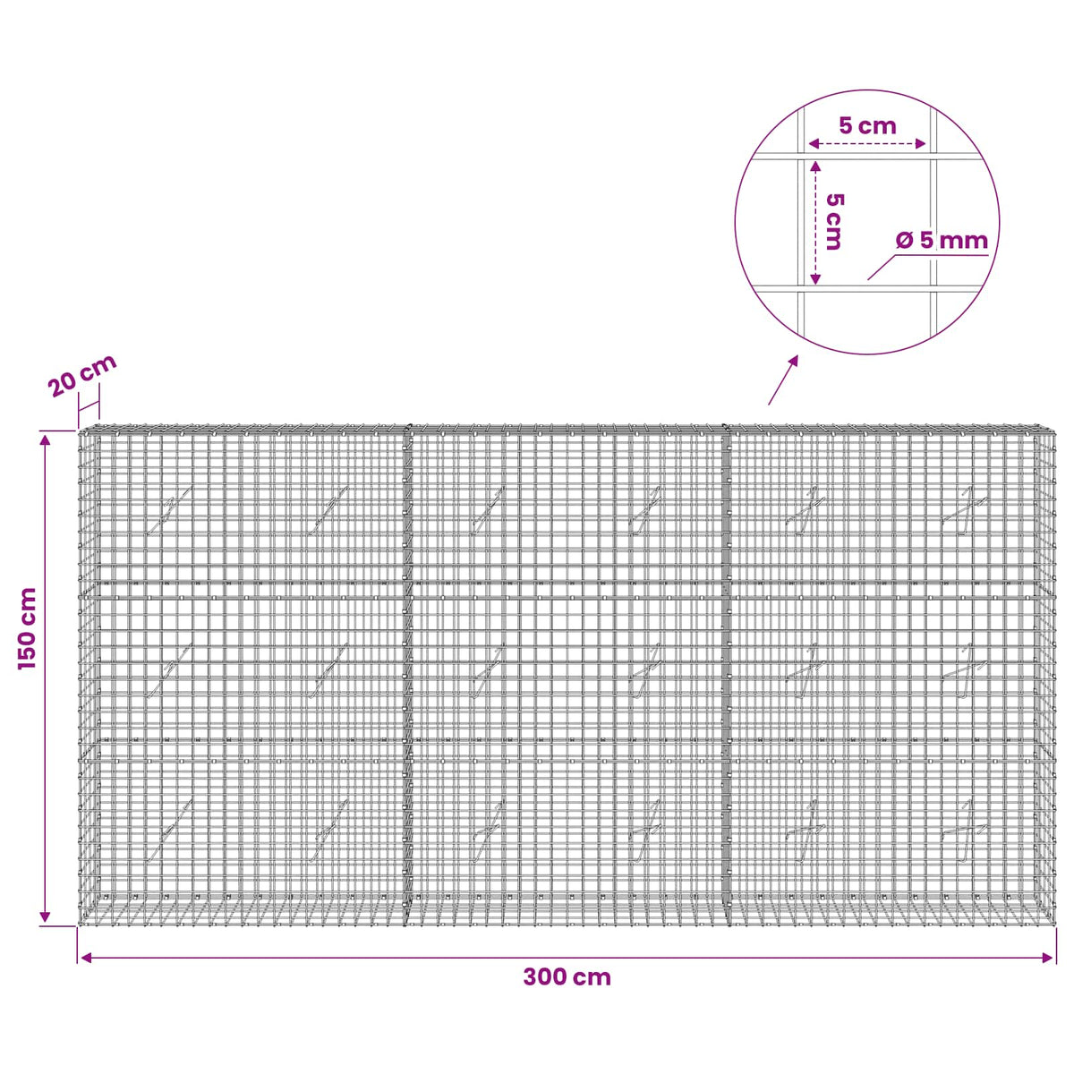 Γκαμπιόν με σύρμα 5 mm και πλέγμα 5x5 cm 300x20x150 εκ - Pakobazaar