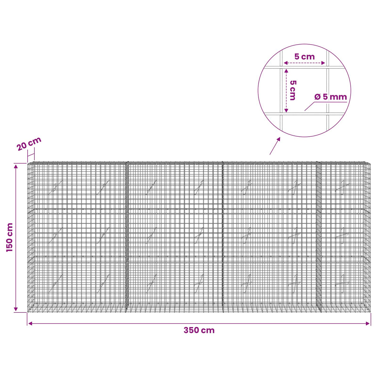 Γκαμπιόν με σύρμα 5 mm και πλέγμα 5x5 cm 350x20x150 εκ