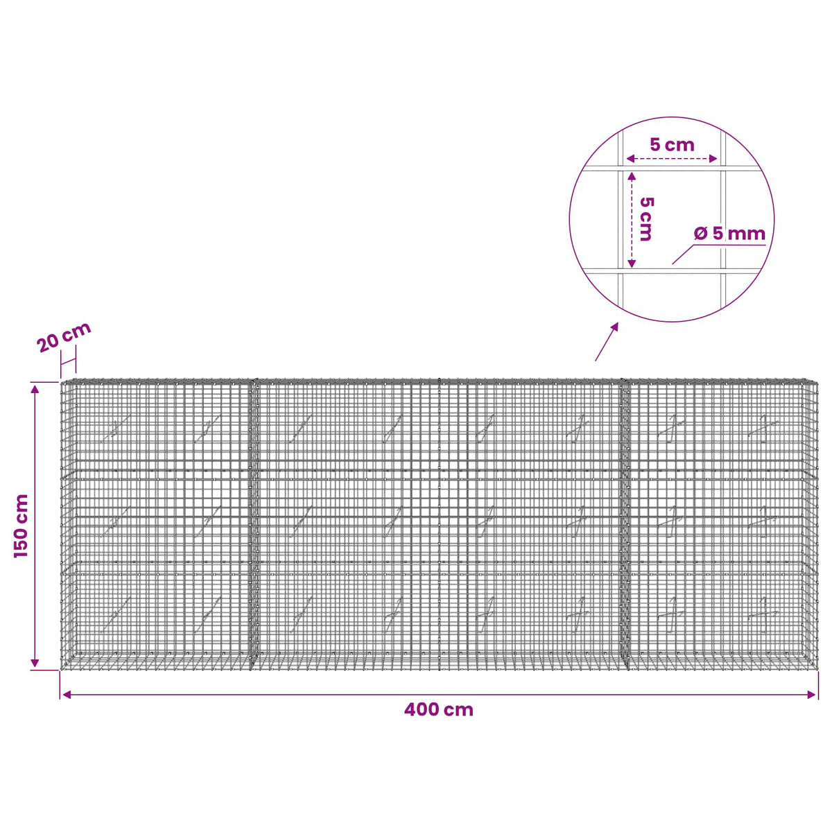Γκαμπιόν με σύρμα 5 mm και πλέγμα 5x5 cm 400x20x150 εκ