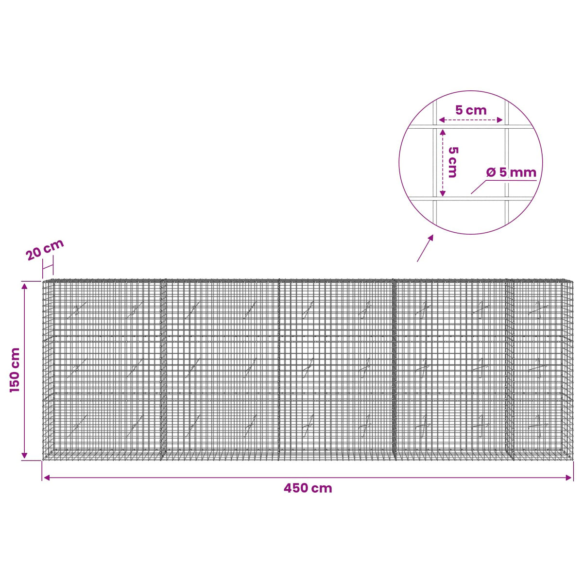Γκαμπιόν με σύρμα 5 mm και πλέγμα 5x5 cm 450x20x150 εκ - Pakobazaar