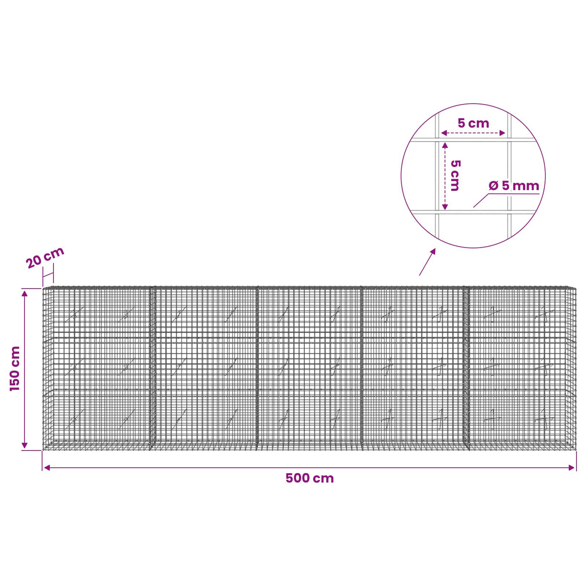 Γκαμπιόν με σύρμα 5 mm και πλέγμα 5x5 cm 500x20x150 εκ - Pakobazaar