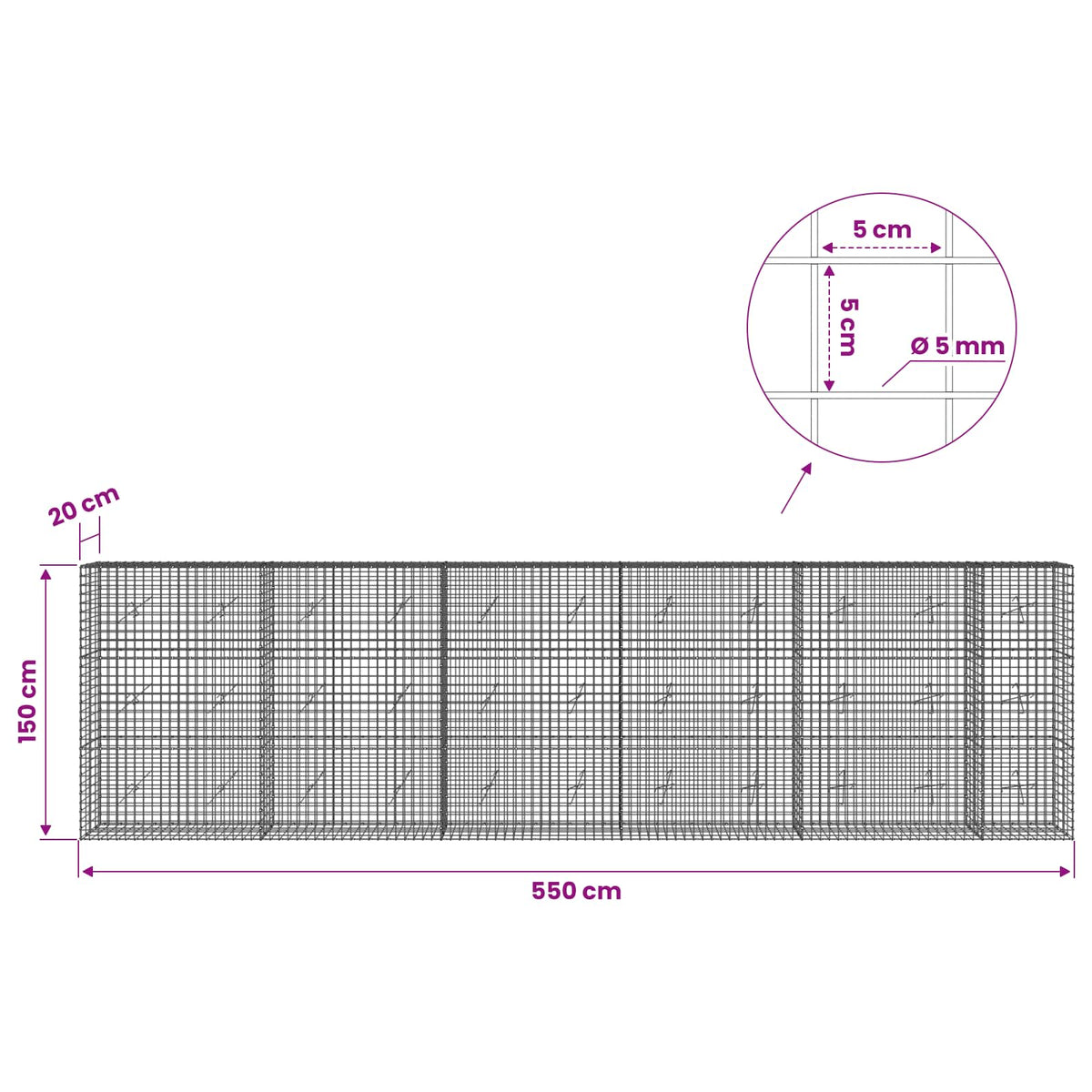 Γκαμπιόν με σύρμα 5 mm και πλέγμα 5x5 cm 550x20x150 εκ