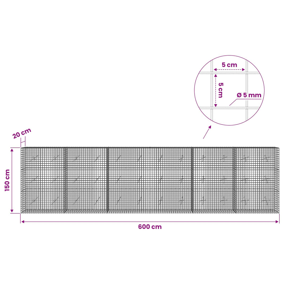 Γκαμπιόν με σύρμα 5 mm και πλέγμα 5x5 cm 600x20x150 εκ - Pakobazaar