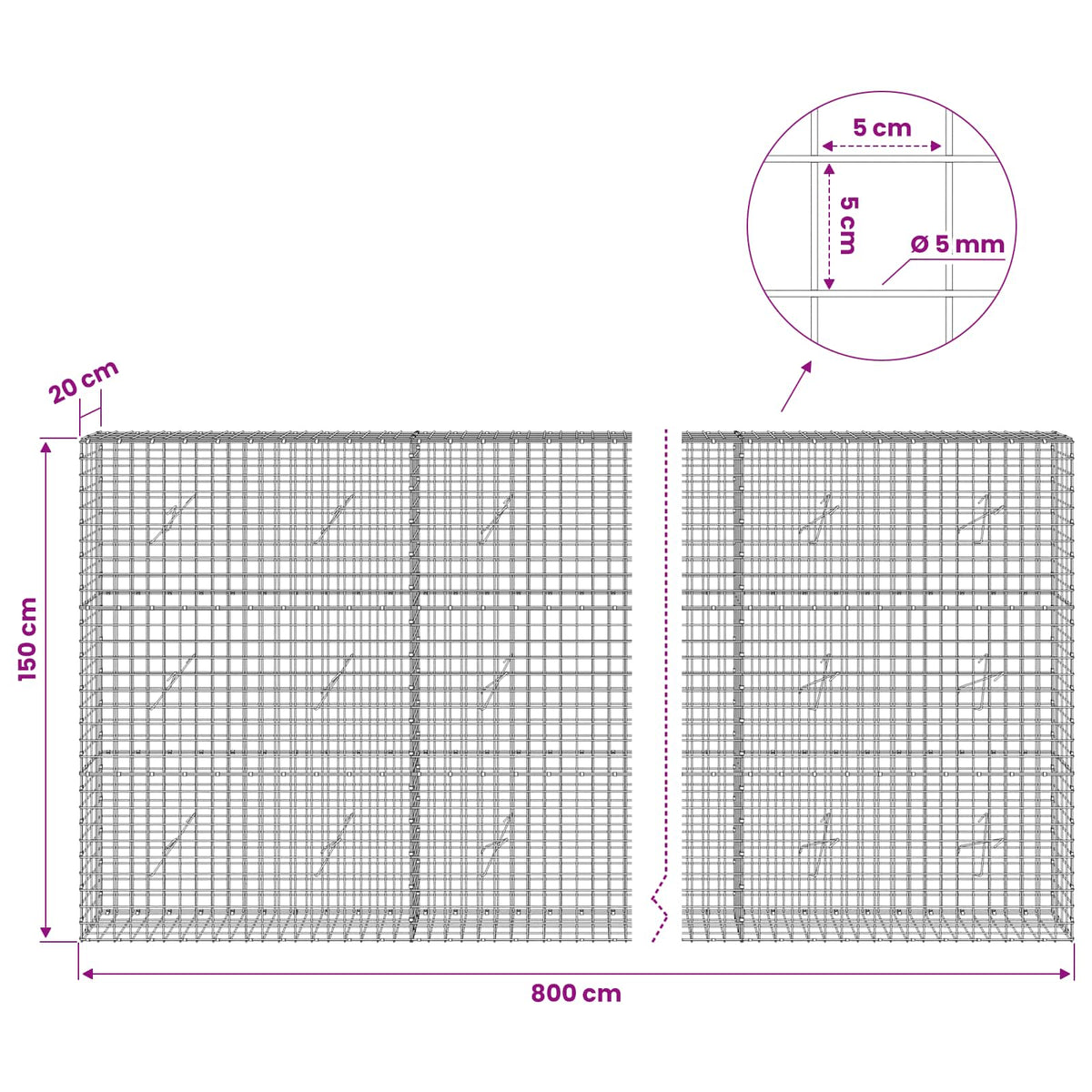 Γκαμπιόν με σύρμα 5 mm και πλέγμα 5x5 cm 800x20x150 εκ - Pakobazaar