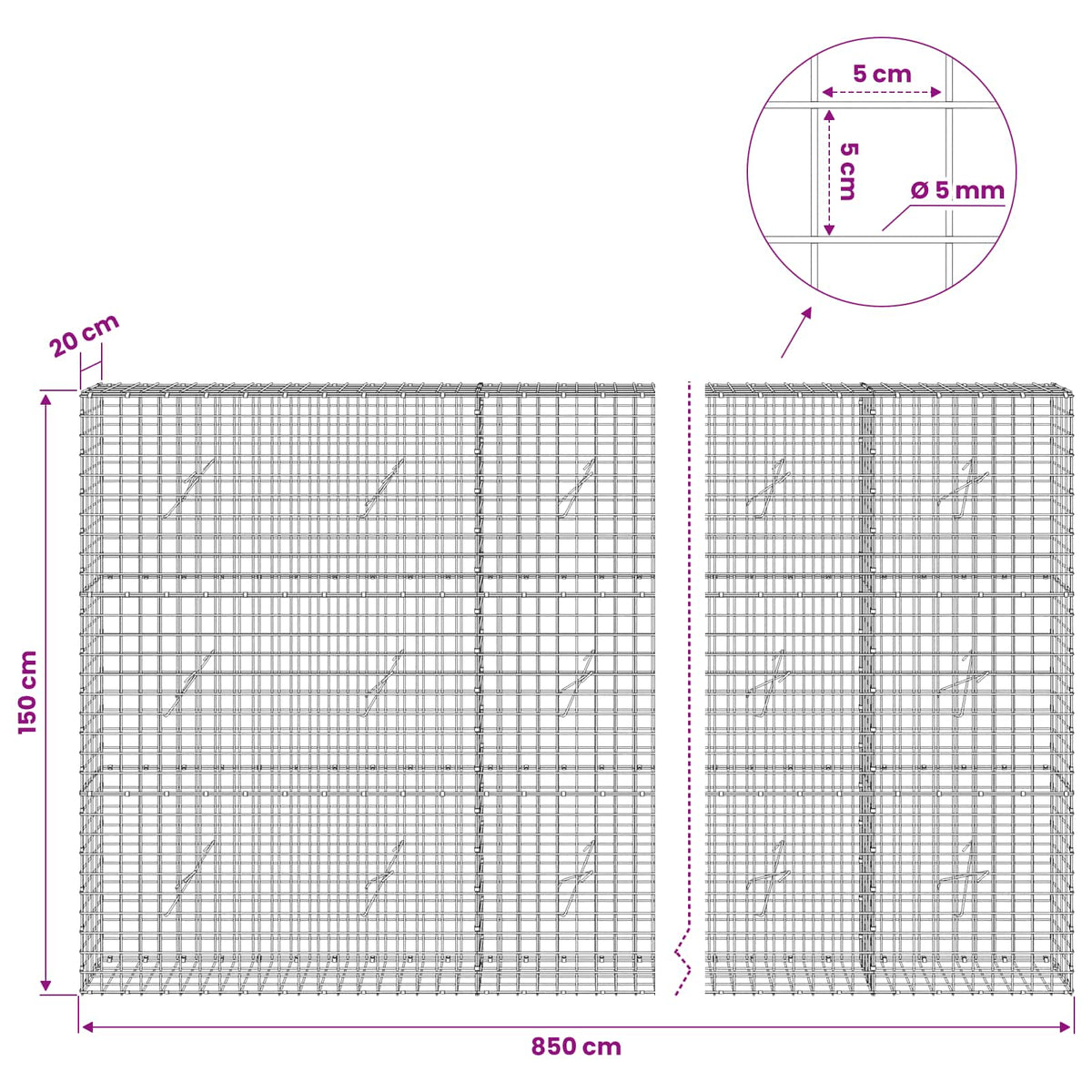 Γκαμπιόν με σύρμα 5 mm και πλέγμα 5x5 cm 850x20x150 εκ