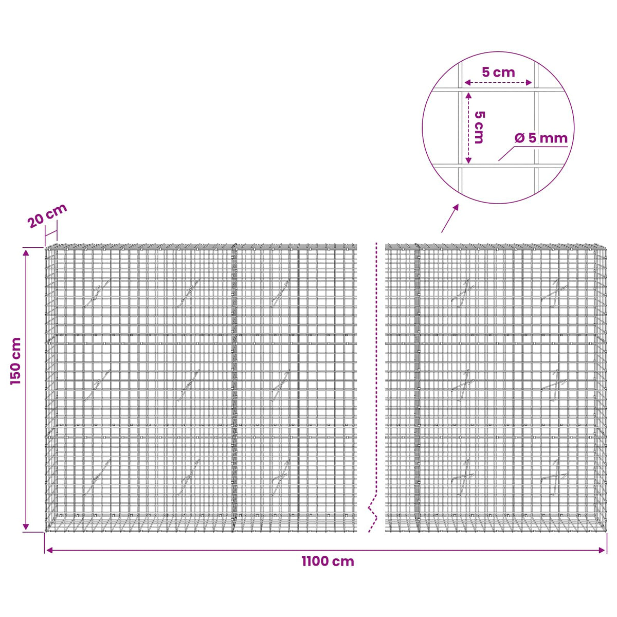 Γκαμπιόν με σύρμα 5 mm και πλέγμα 5x5 cm 1100x20x150 εκ - Pakobazaar
