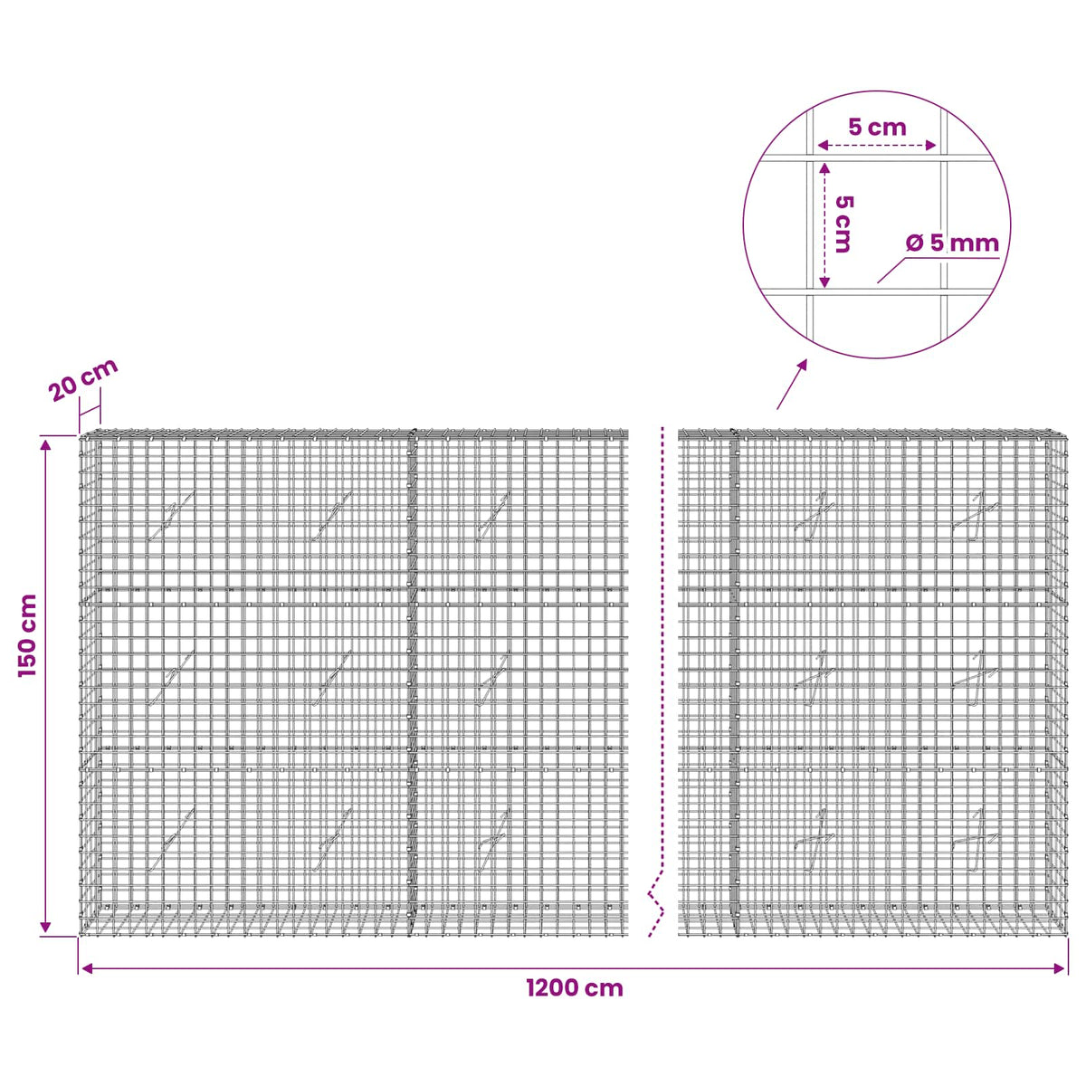 Γκαμπιόν με σύρμα 5 mm και πλέγμα 5x5 cm 1200x20x150 εκ - Pakobazaar