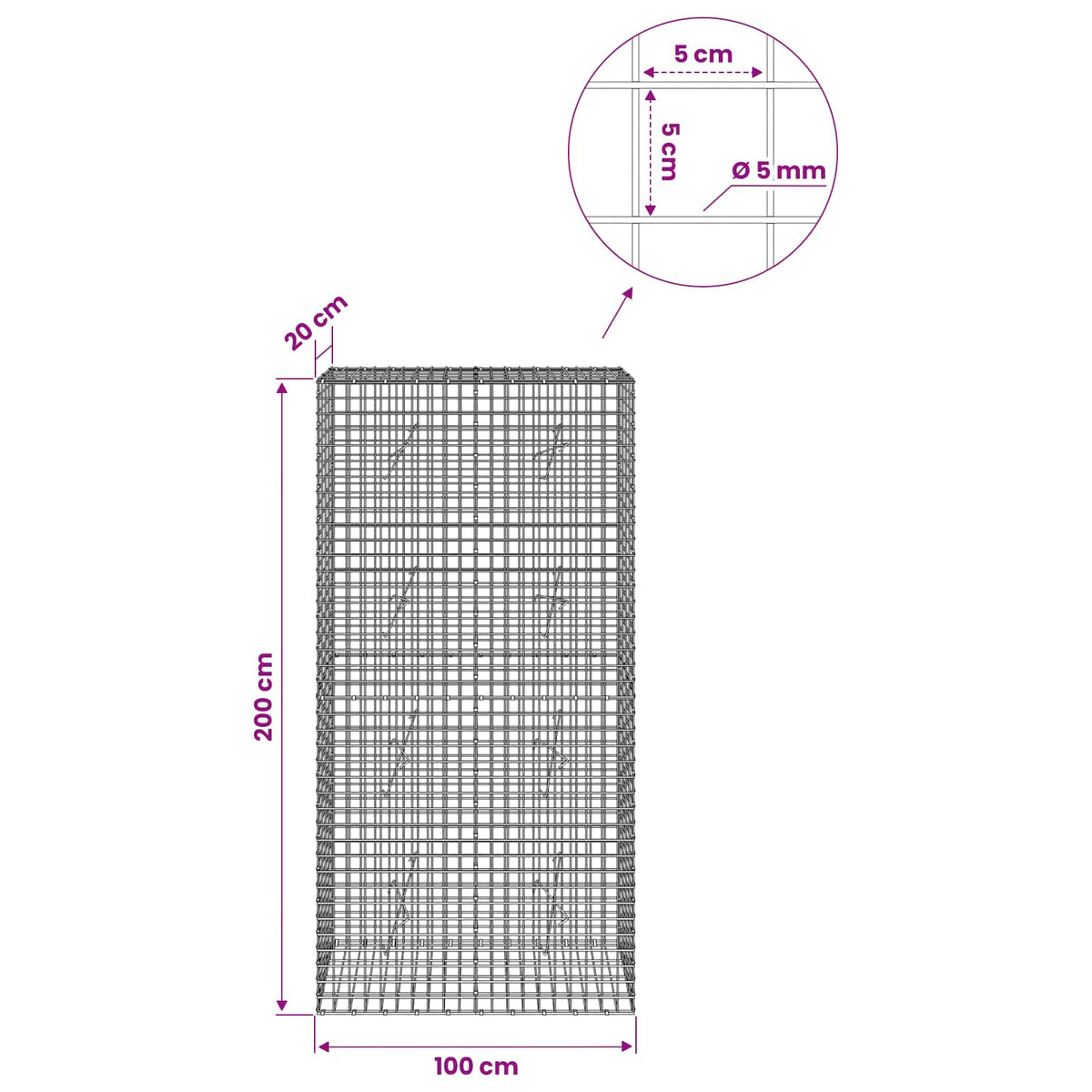 Γκαμπιόν με σύρμα 5 mm και πλέγμα 5x5 cm 100x20x200 εκ - Pakobazaar