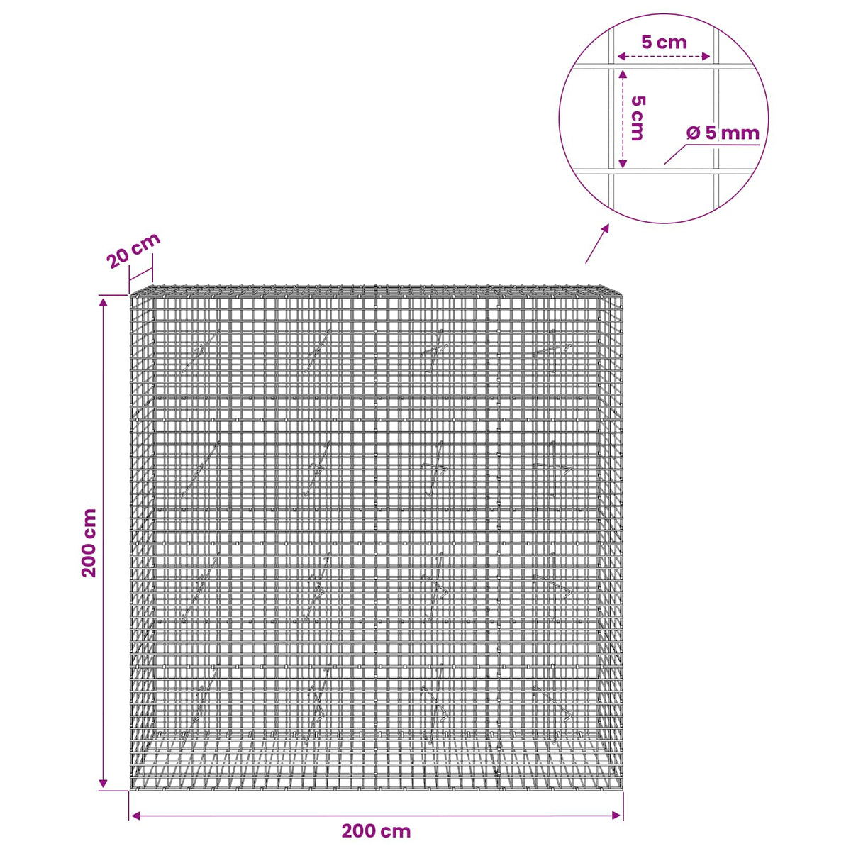 Γκαμπιόν με σύρμα 5 mm και πλέγμα 5x5 cm 200x20x200 εκ - Pakobazaar