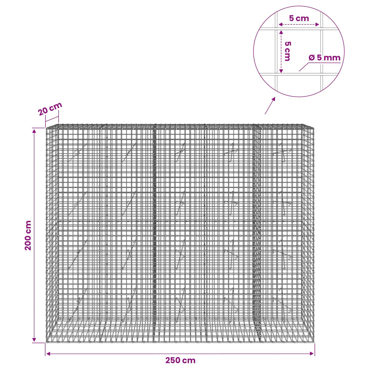 Γκαμπιόν με σύρμα 5 mm και πλέγμα 5x5 cm 250x20x200 εκ. - Pakobazaar