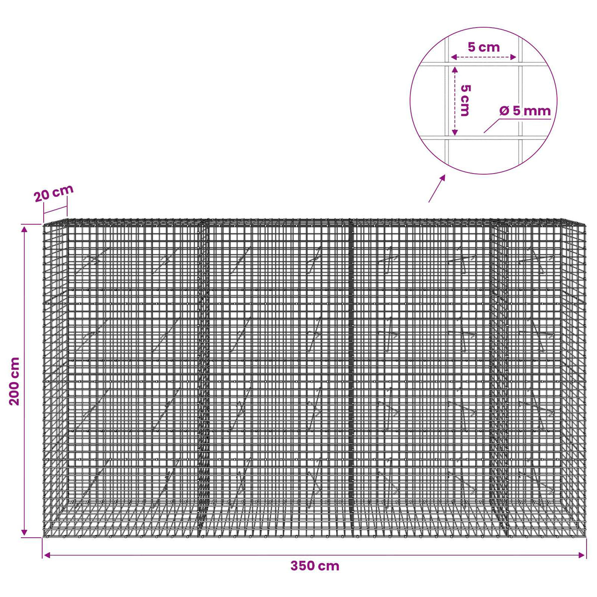 Γκαμπιόν με σύρμα 5 mm και πλέγμα 5x5 cm 350x20x200 εκ.