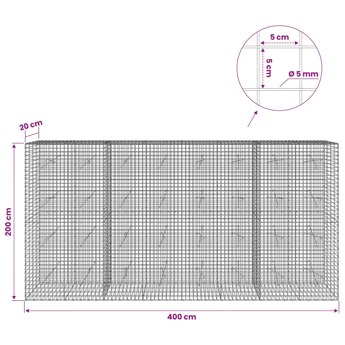 Γκαμπιόν με σύρμα 5 mm και πλέγμα 5x5 cm 400x20x200 εκ