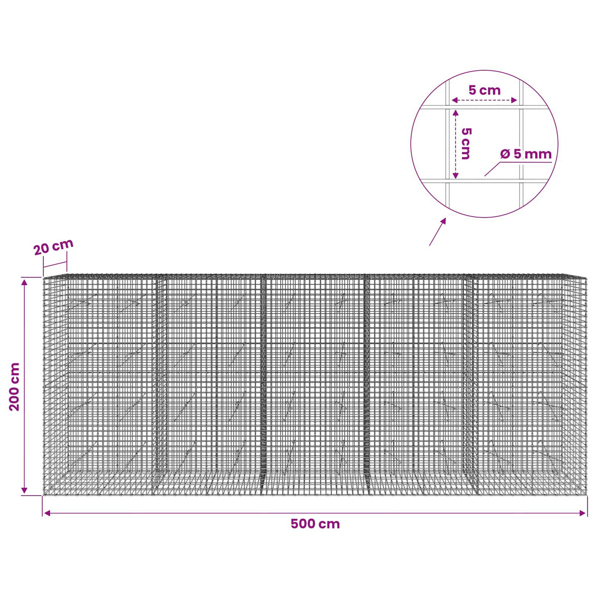 Γκαμπιόν με σύρμα 5 mm και πλέγμα 5x5 cm 500x20x200 εκ - Pakobazaar