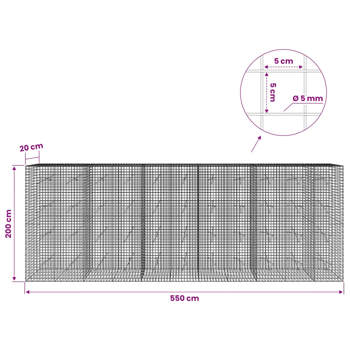 Γκαμπιόν με σύρμα 5 mm και πλέγμα 5x5 cm 550x20x200 εκ - Pakobazaar