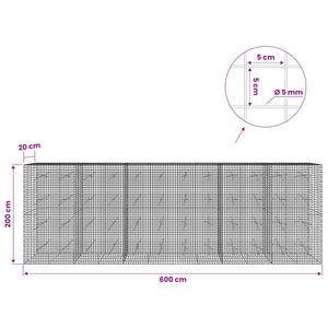 Γκαμπιόν με σύρμα 5 mm και πλέγμα 5x5 cm 600x20x200 εκ - Pakobazaar