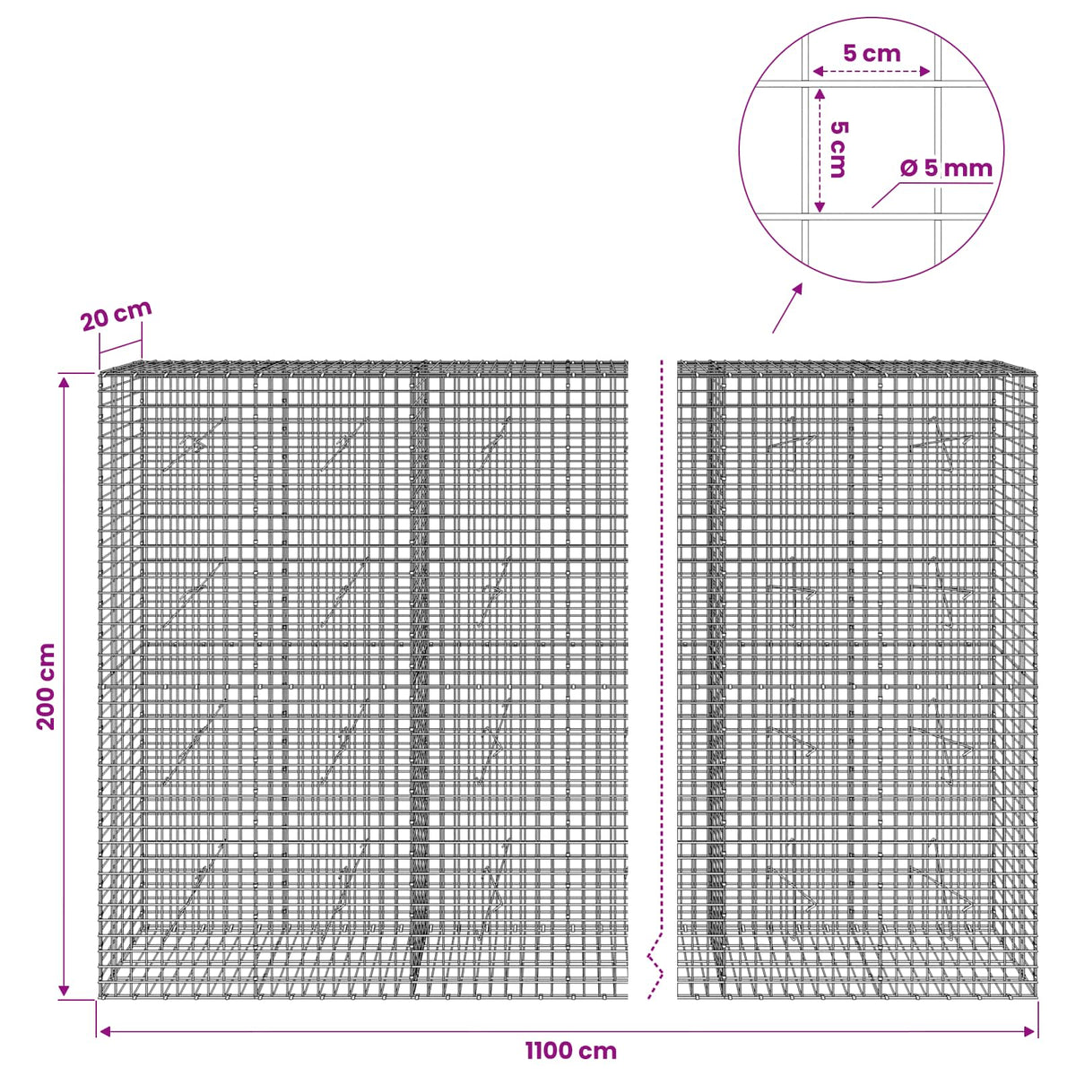 Γκαμπιόν με σύρμα 5 mm και πλέγμα 5x5 cm 1100x20x200 εκ - Pakobazaar