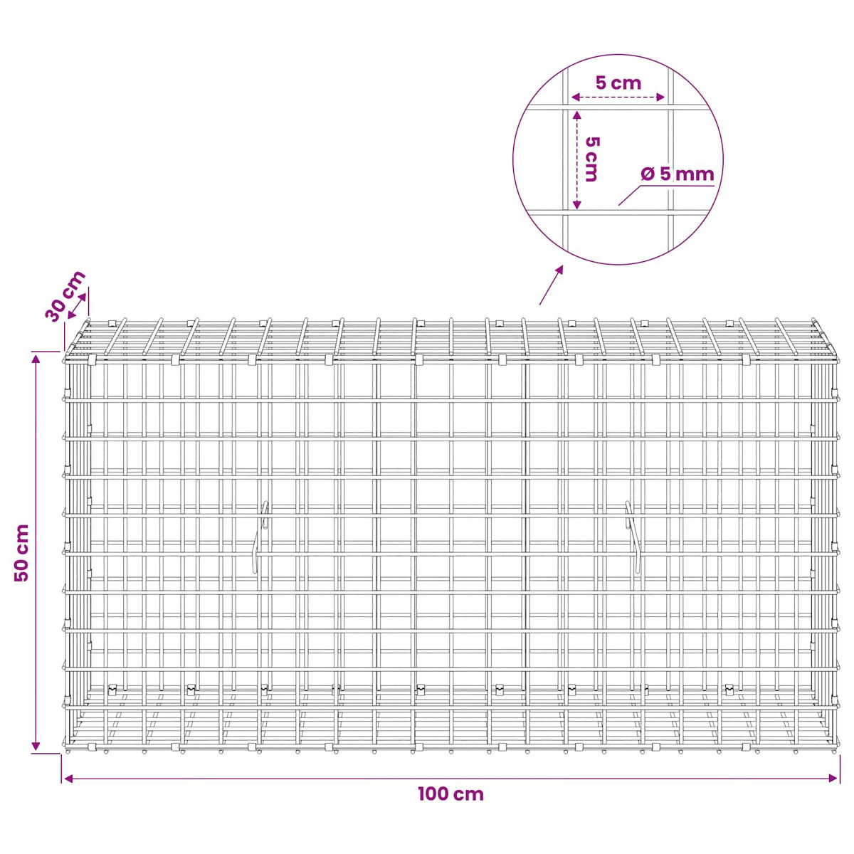 Γκαμπιόν με σύρμα 5 mm και πλέγμα 5x5 cm 100x30x50 εκ - Pakobazaar
