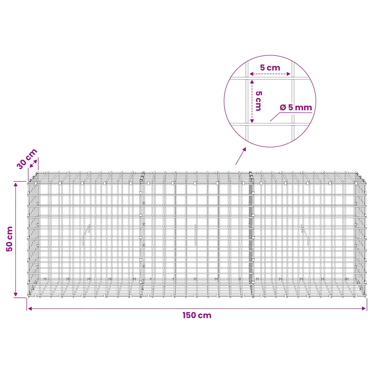 Γκαμπιόν με σύρμα 5 mm και πλέγμα 5x5 cm 150x30x50 εκ