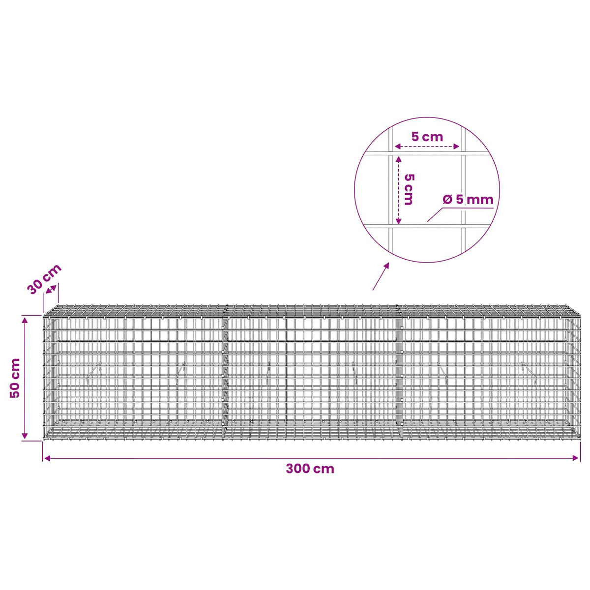 Γκαμπιόν με σύρμα 5 mm και πλέγμα 5x5 cm 300x30x50 εκ - Pakobazaar
