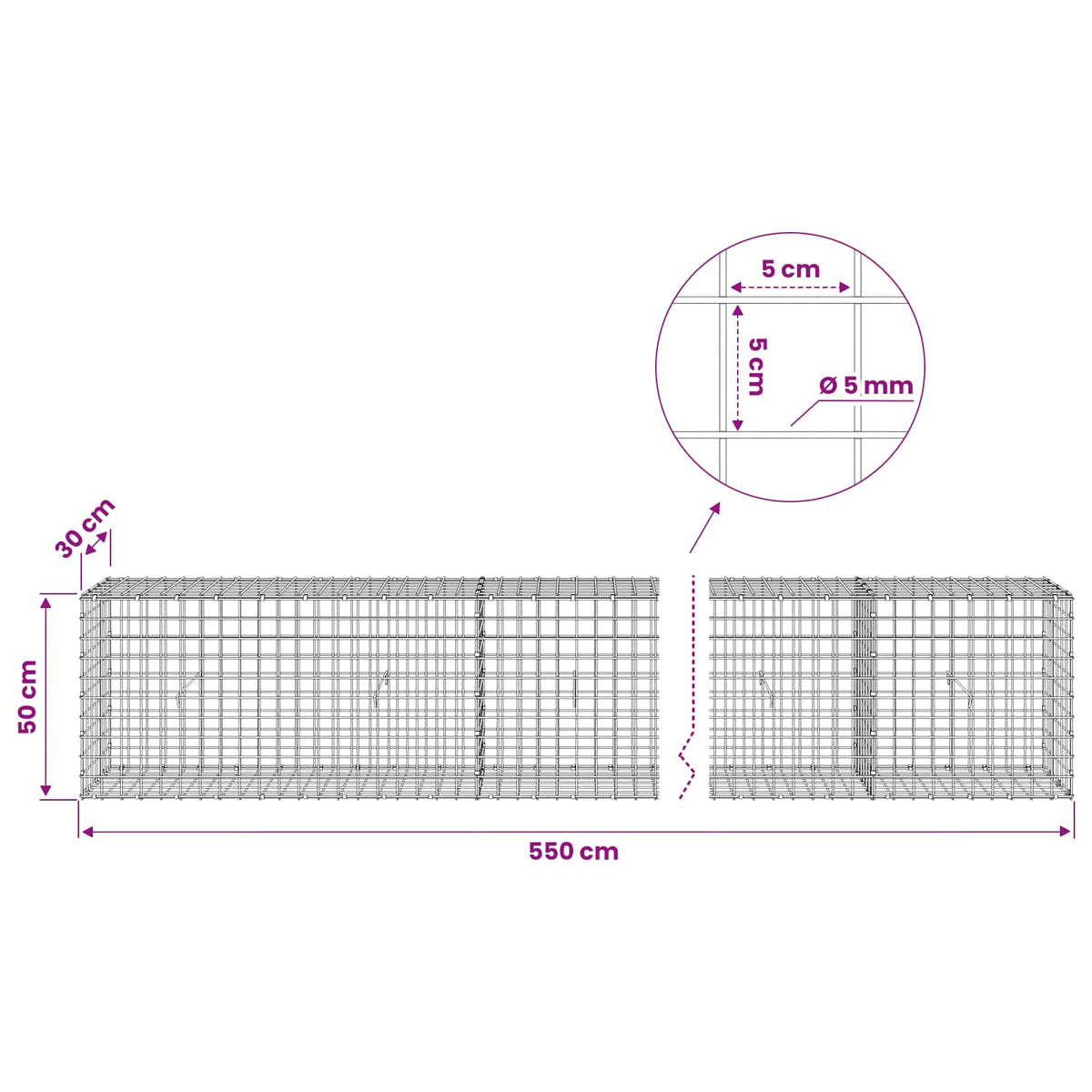 Γκαμπιόν με σύρμα 5 mm και πλέγμα 5x5 cm 550x30x50 εκ