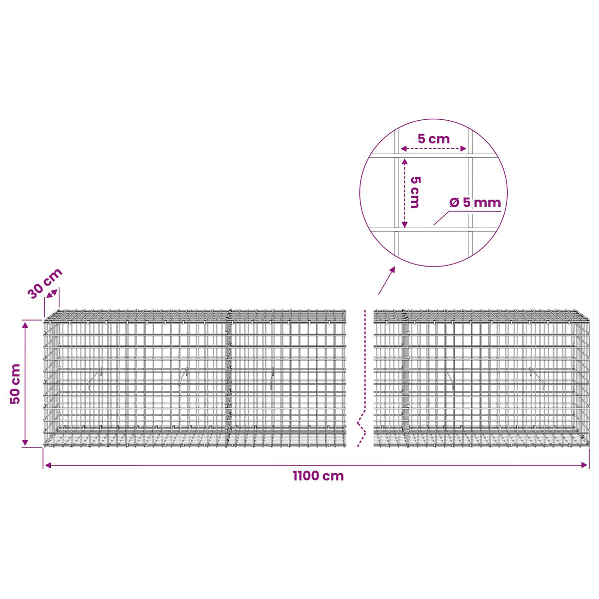 Γκαμπιόν με σύρμα 5 mm και πλέγμα 5x5 cm 1100x30x50 εκ - Pakobazaar