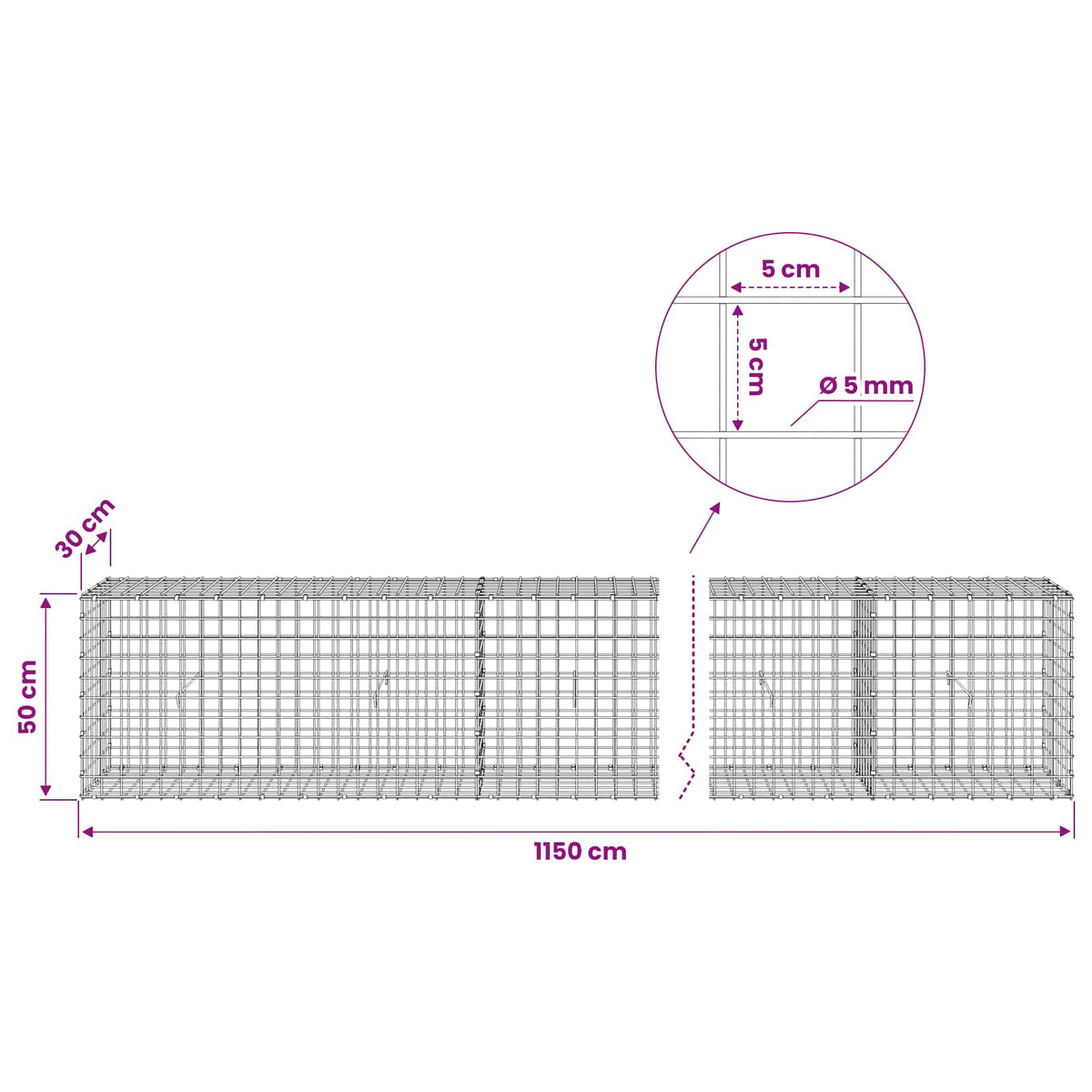 Γκαμπιόν με σύρμα 5 mm και πλέγμα 5x5 cm 1150x30x50 εκ. - Pakobazaar