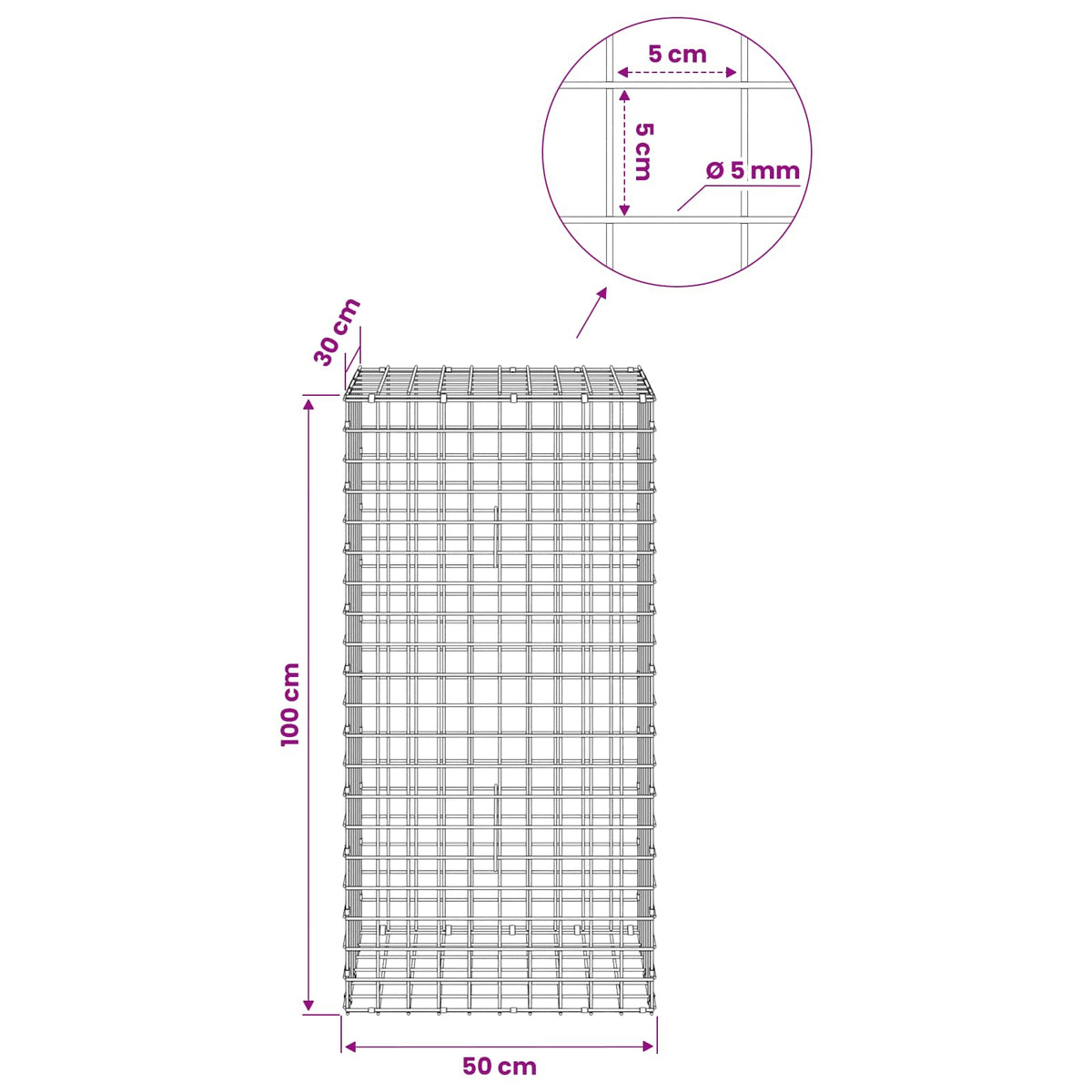 Γκαμπιόν με σύρμα 5 mm και πλέγμα 5x5 cm 50x30x100 εκ - Pakobazaar