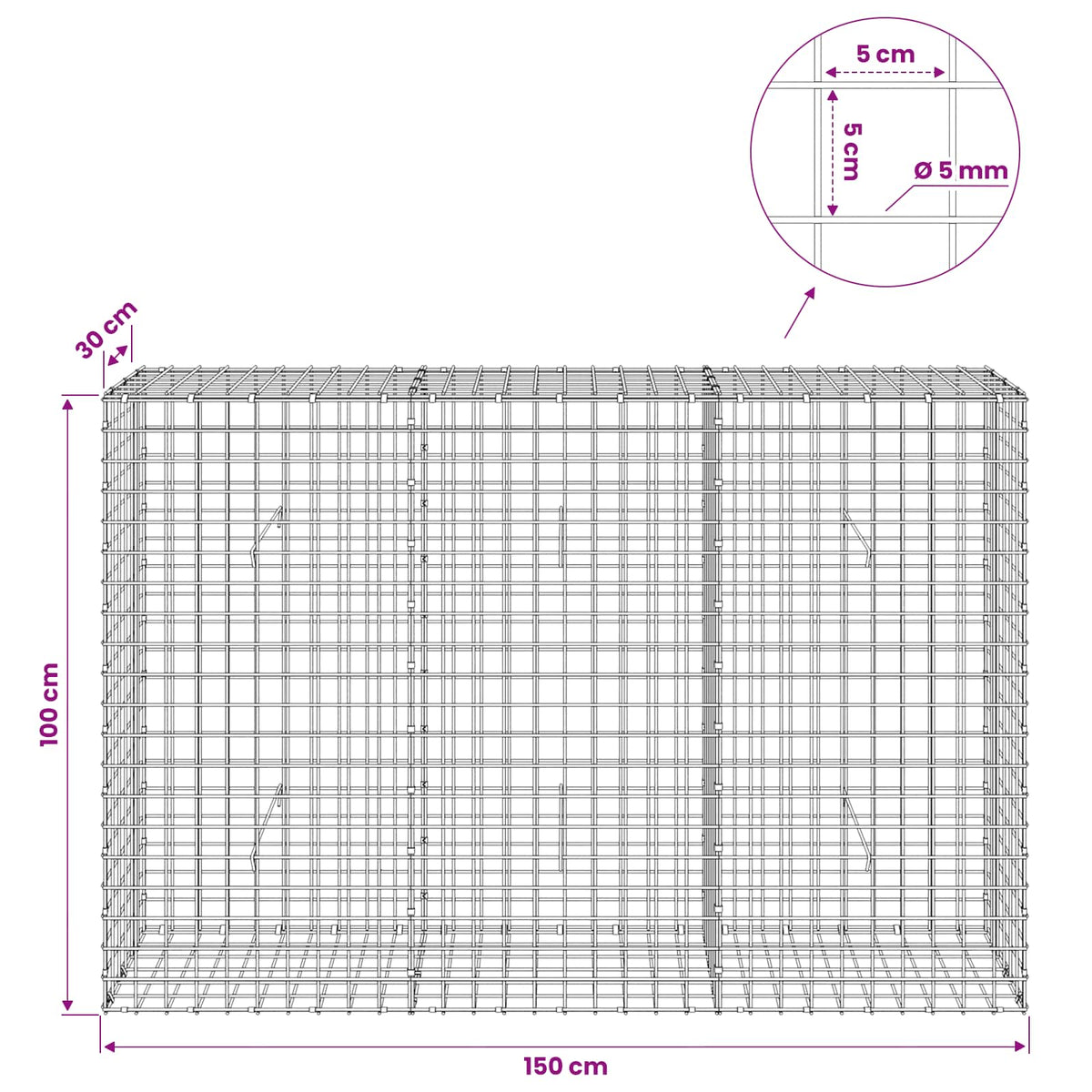 Γκαμπιόν με σύρμα 5 mm και πλέγμα 5x5 cm 150x30x100 εκ