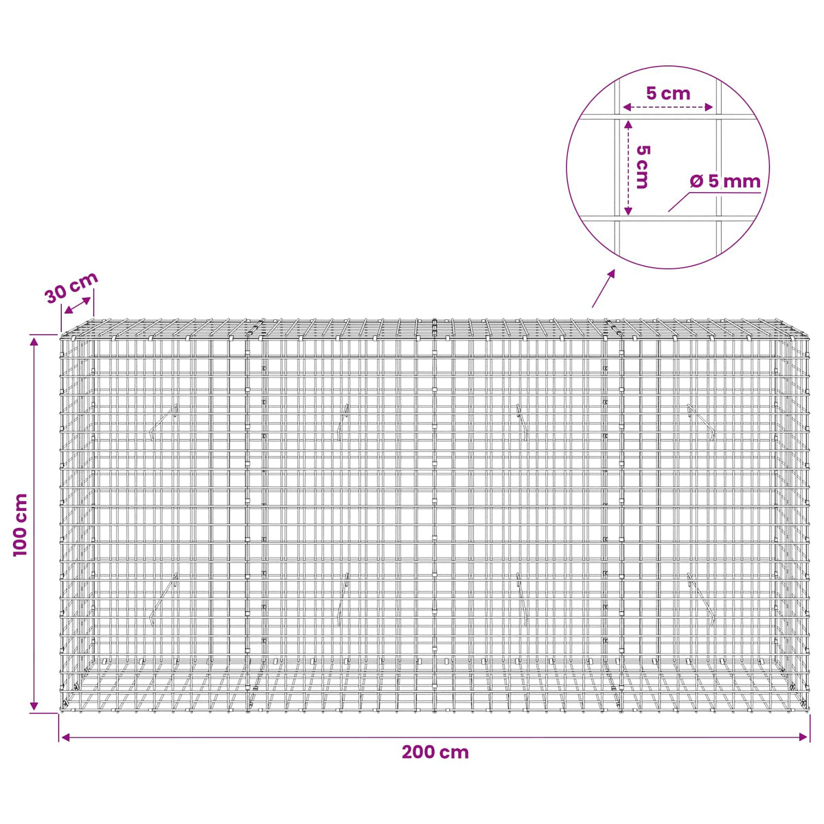 Γκαμπιόν με σύρμα 5 mm και πλέγμα 5x5 cm 200x30x100 εκ - Pakobazaar