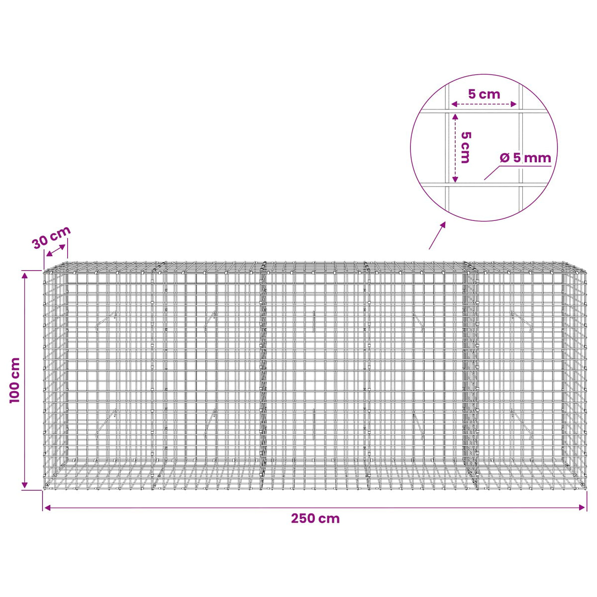Γκαμπιόν με σύρμα 5 mm και πλέγμα 5x5 cm 250x30x100 εκ - Pakobazaar