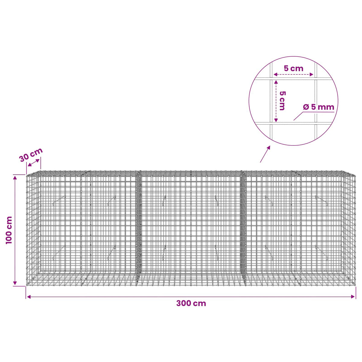 Γκαμπιόν με σύρμα 5 mm και πλέγμα 5x5 cm 300x30x100 εκ - Pakobazaar