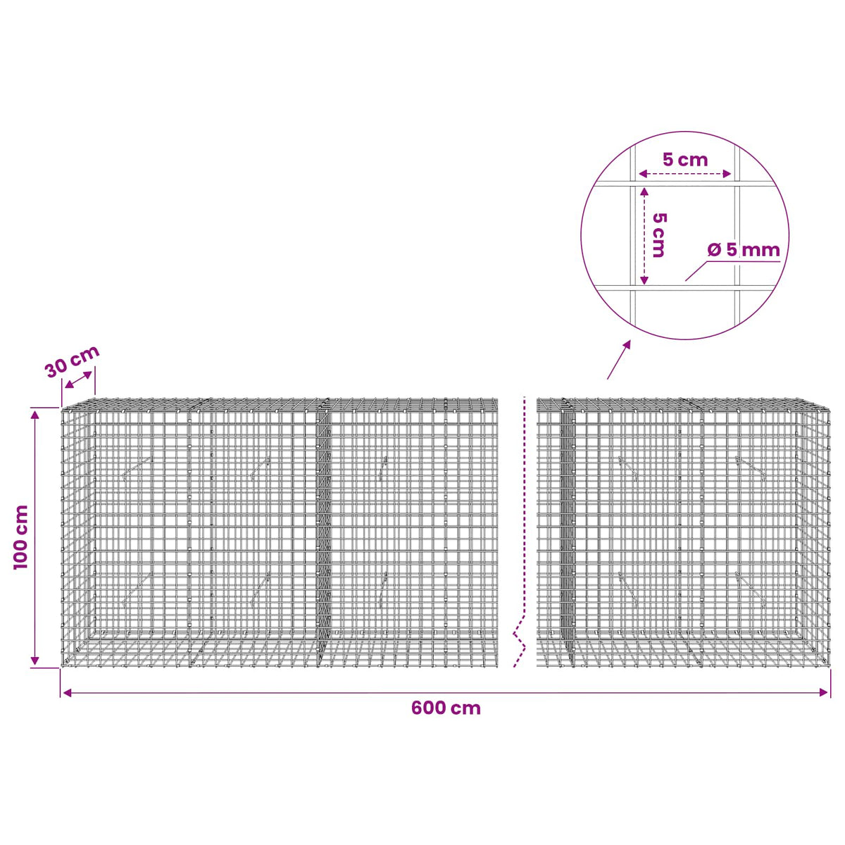 Γκαμπιόν με σύρμα 5 mm και πλέγμα 5x5 cm 600x30x100 εκ - Pakobazaar