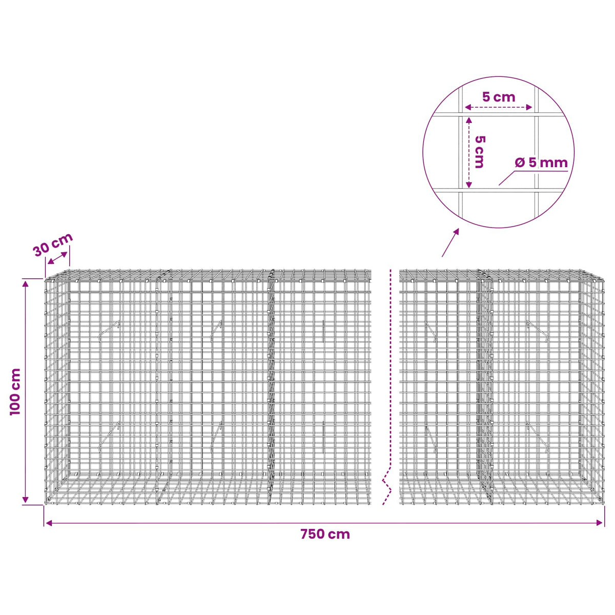 Γκαμπιόν με σύρμα 5 mm και πλέγμα 5x5 cm 750x30x100 εκ