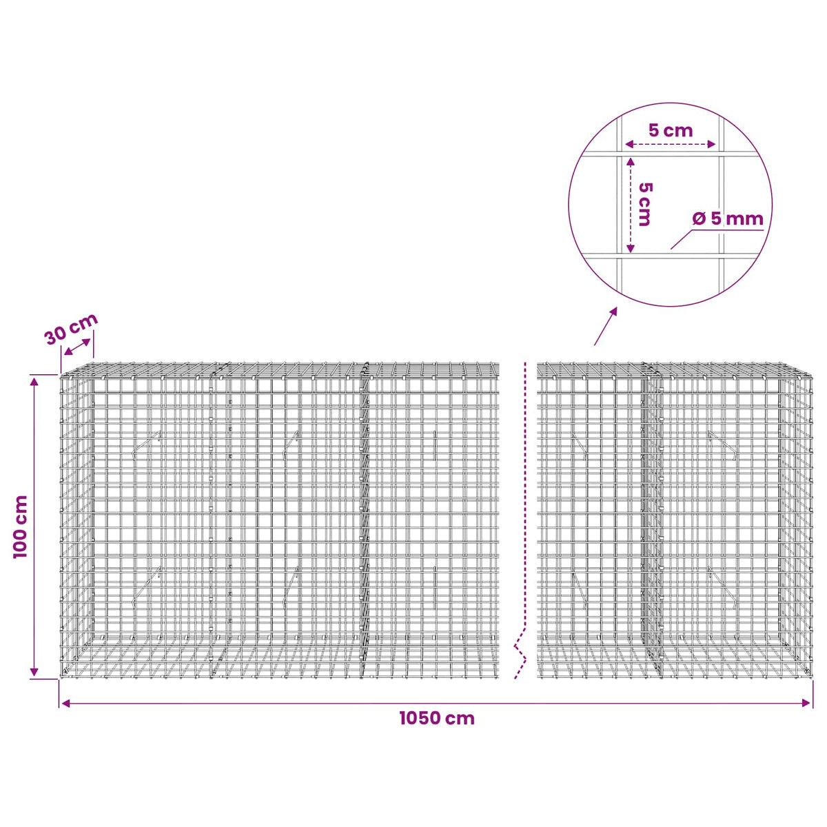 Γκαμπιόν με σύρμα 5 mm και πλέγμα 5x5 cm 1050x30x100 εκ
